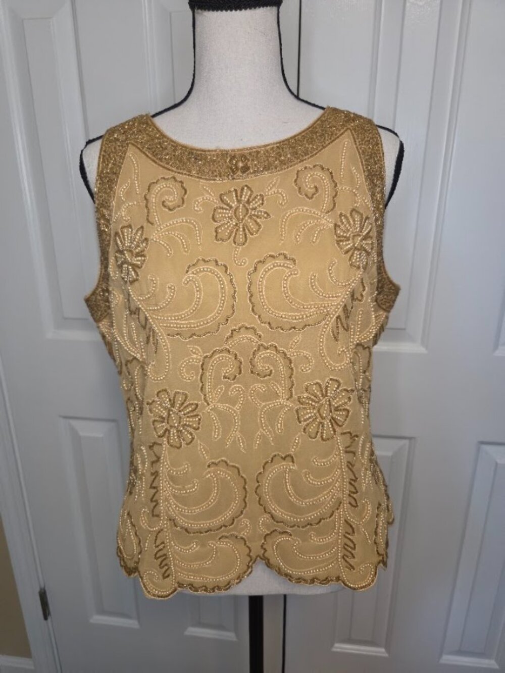 J Kara Gold Beaded Floral Sleeveless Evening Top XL